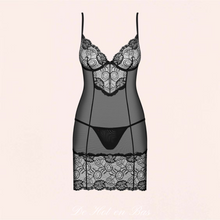 Charger l&#39;image dans la galerie, Vente ensemble de lingerie, nuisette et string assorti en tulle noir transparent de la marque Obsessive.
