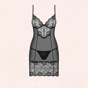 Vente ensemble de lingerie, nuisette et string assorti en tulle noir transparent de la marque Obsessive.