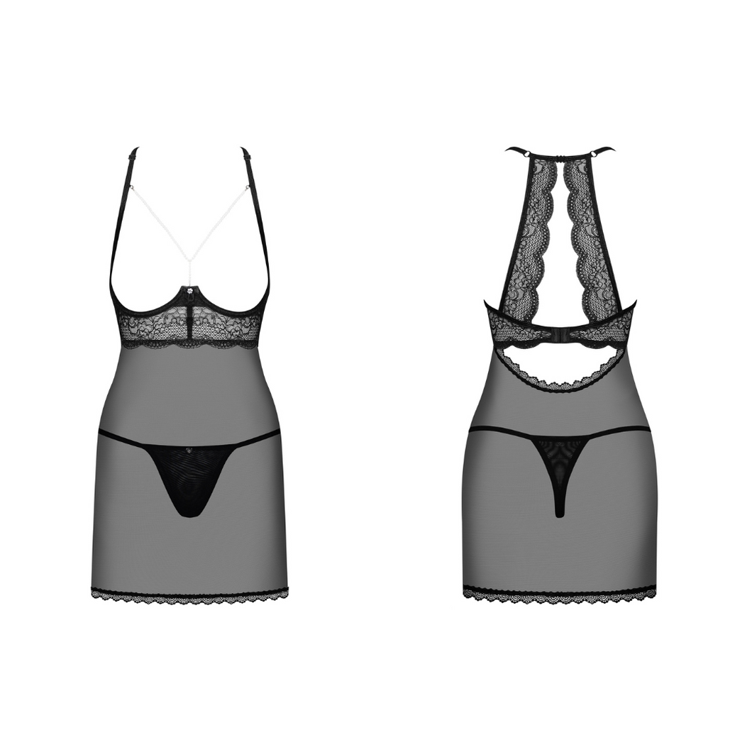 Achat ensemble nuisette et string assorti de couleur noir avec perles blanches à l'avant sur la poitrine.