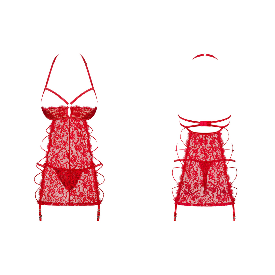Vente lingerie deux pièces comportant une nuisette ouverte et un string rouge assorti pour femme de la marque Obsessive.