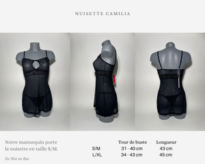 Guide des tailles, tour de buste et longueur de cette sublime nuisette noire de la collection Camilia.