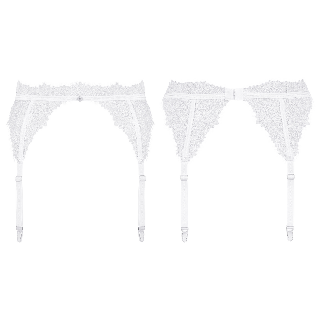 Porte-jarretelles en dentelle blanche douce et transparente pour femme de la collection Bianelle disponible en plusieurs tailles différentes.