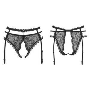 Achat porte-jarretelles et culotte en dentelle noire douce et transparente à motif floral disponible sur notre boutique de lingerie en ligne De Hot en Bas.