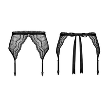 Charger l&#39;image dans la galerie, Vente lingerie porte-jarretelles en dentelle à motif noir de la marque Obsessive est disponible en deux tailles différentes.
