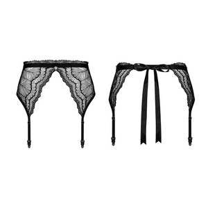 Vente lingerie porte-jarretelles en dentelle à motif noir de la marque Obsessive est disponible en deux tailles différentes.