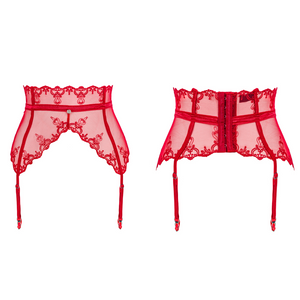 Le porte-jarretelles en dentelle rouge soyeuse et transparente de couleur rouge de la collection Lonesia est en vente sur notre boutique de lingerie pour femme et homme.