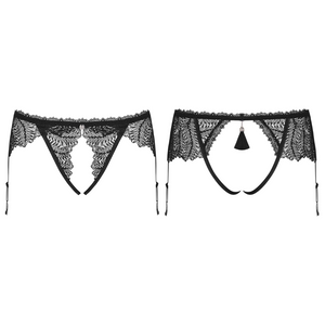 Vente de lingerie culotte porte-jarretelles en dentelle noire avec ouverture à l'entrejambe de la marque Obsessive disponible sur notre loveshop en ligne au meilleur prix.