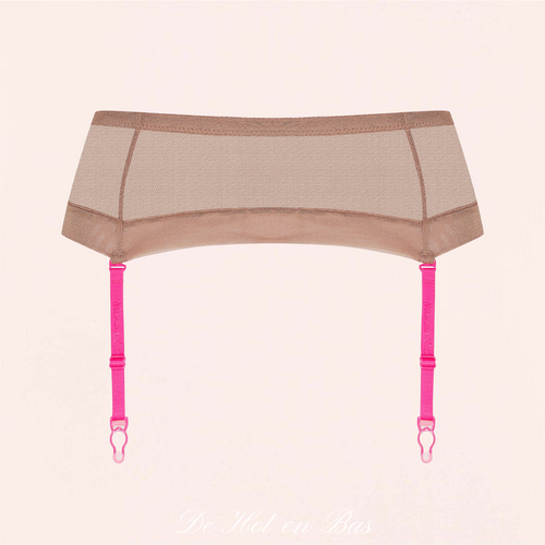Porte-jarretelles de couleur taupe et rose fluo pour vos ensemble de lingerie coquin.