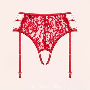Porte-jarretelles / string fendu en dentelle floral de couleur rouge pour femme.