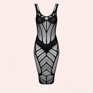 Achat robe en résille noir semi-transparente avec motifs géométriques pour femme de la marque Obsessive disponible sur notre boutique de lingerie en ligne.