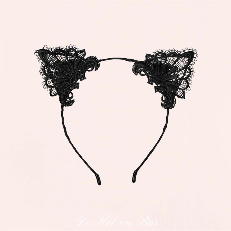 Serre-tête oreilles dentelle noire - Chat