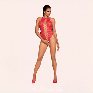 Vente de lingerie, body en résille rouge de la marque Obsessive pour femme.