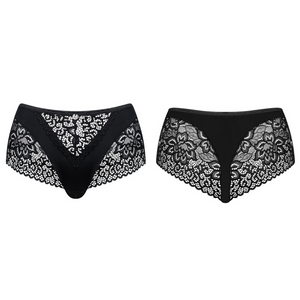 Vente shorty taille haute en dentelle noire de la marque Obsessive est disponible sur notre boutique en ligne de lingerie confortable à petit prix.