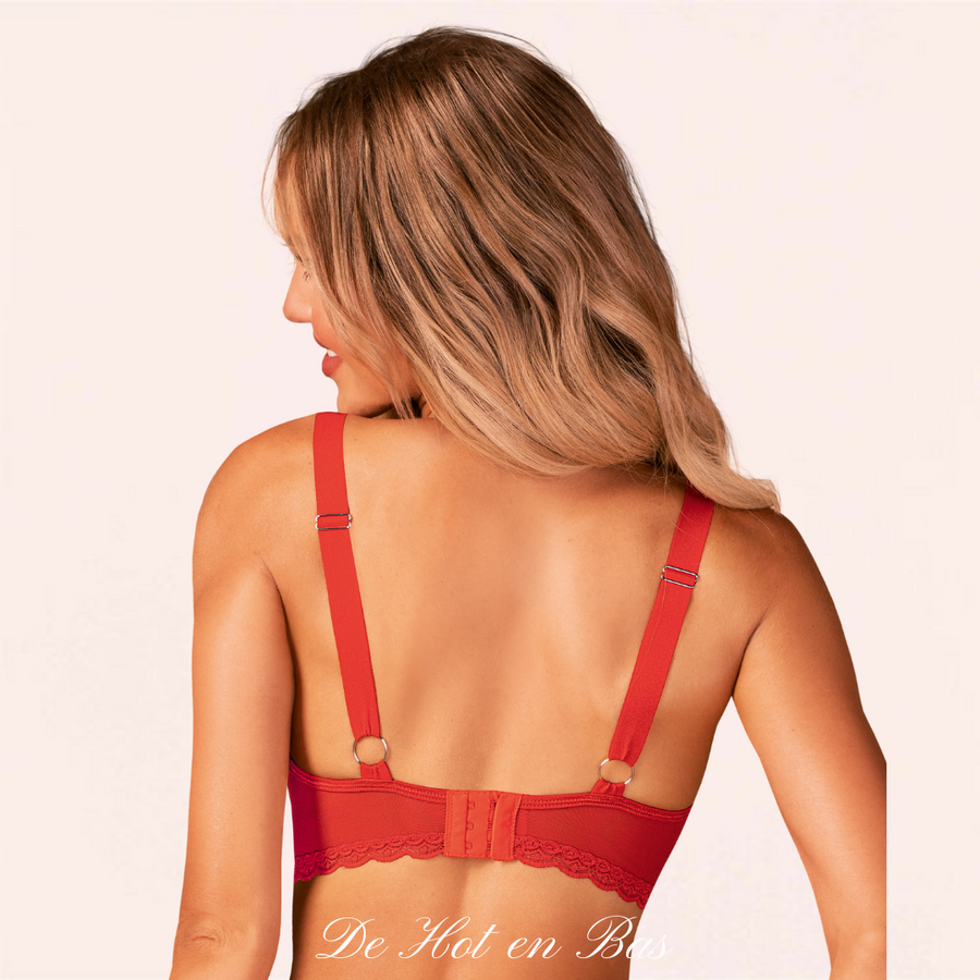 Deux larges bretelles élastiques réglables à l'arrière du soutien-gorge en dentelle rouge de la marque Obsessive pour un ajustement parfait de votre lingerie.