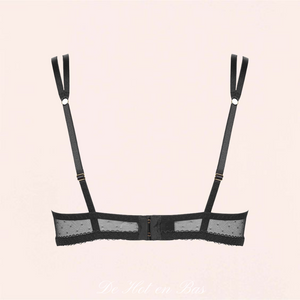 Achat soutien-gorge avec deux bretelles réglables noires et agrafes pour fermer correctement votre sous-vêtement en dentelle de la marque Maison Close.