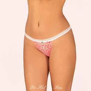 Vente string en dentelle de couleur rose et blanche avec un élastique à la taille rayé de couleur blanc pour femme.