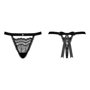 Vente string en dentelle avec un joli ruban satin noir à l'arrière du bas. Il est disponible sur notre site en ligne de lingerie au meilleur prix.