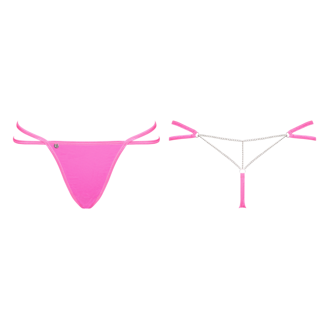 Vente string en tissu rose fluo et chaînes argentées au niveau des fesses pour un style érotique et sexy de la collection Chainty, disponible sur notre boutique en ligne de lingerie pour femme.