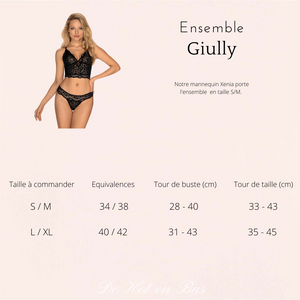 Notre ensemble de lingerie Giully est disponible en taille S/M et L/XL sur notre site en ligne.