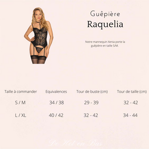 Achat guêpière en dentelle noire Raquelia disponible en différente taille sur notre sexshop en ligne.