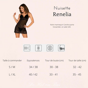 Cette nuisette noire Renelia est disponible en deux tailles différentes pour un confort total.