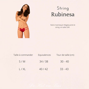 Notre string rouge Rubinesa de la marque Obsessive est disponible en deux tailles différentes.