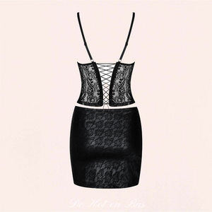 Notre ensemble corset pour femme de la marque Obsessive est fabriqué en tissu élastique noir très agréable au toucher.