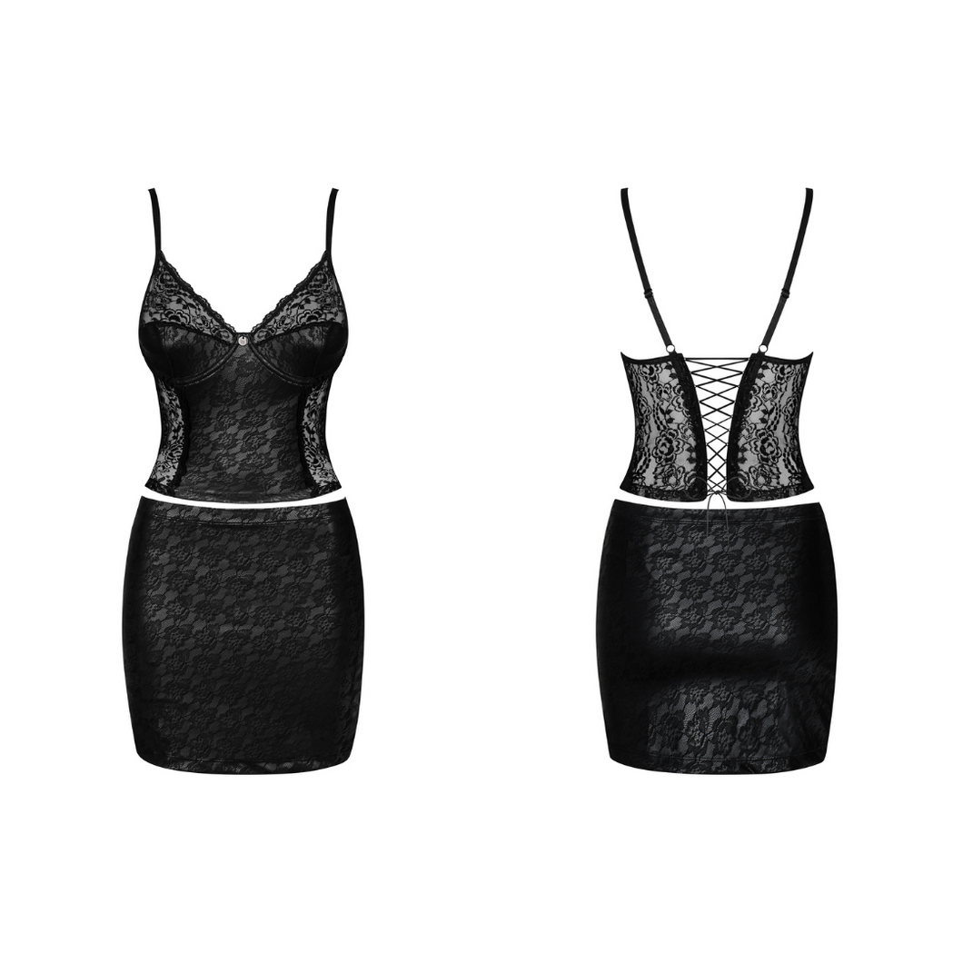 Achat ensemble de lingerie ou de soirée coquine comprenant une jupe moulante noire et un corset avec laçage à l'arrière dans le dos de la collection Felisita pour femme.