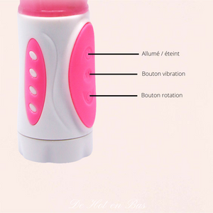 3 boutons simple d'utilisation permet de faire fonctionner votre vibromasseur rose translucide pour femme. 