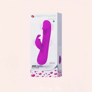 Le vibromasseur rabbit violet Clément de la marque Pretty Love est livré dans son emballage en carton avec une pochette de rangement et la notice d'utilisation de votre jouet intime vibrant.