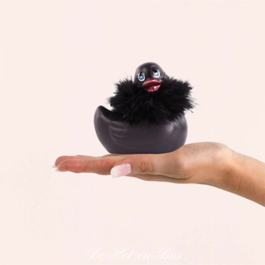 Petit canard de massage vibrant, de couleur noir, avec fourrure et piercing, 1 vibration.